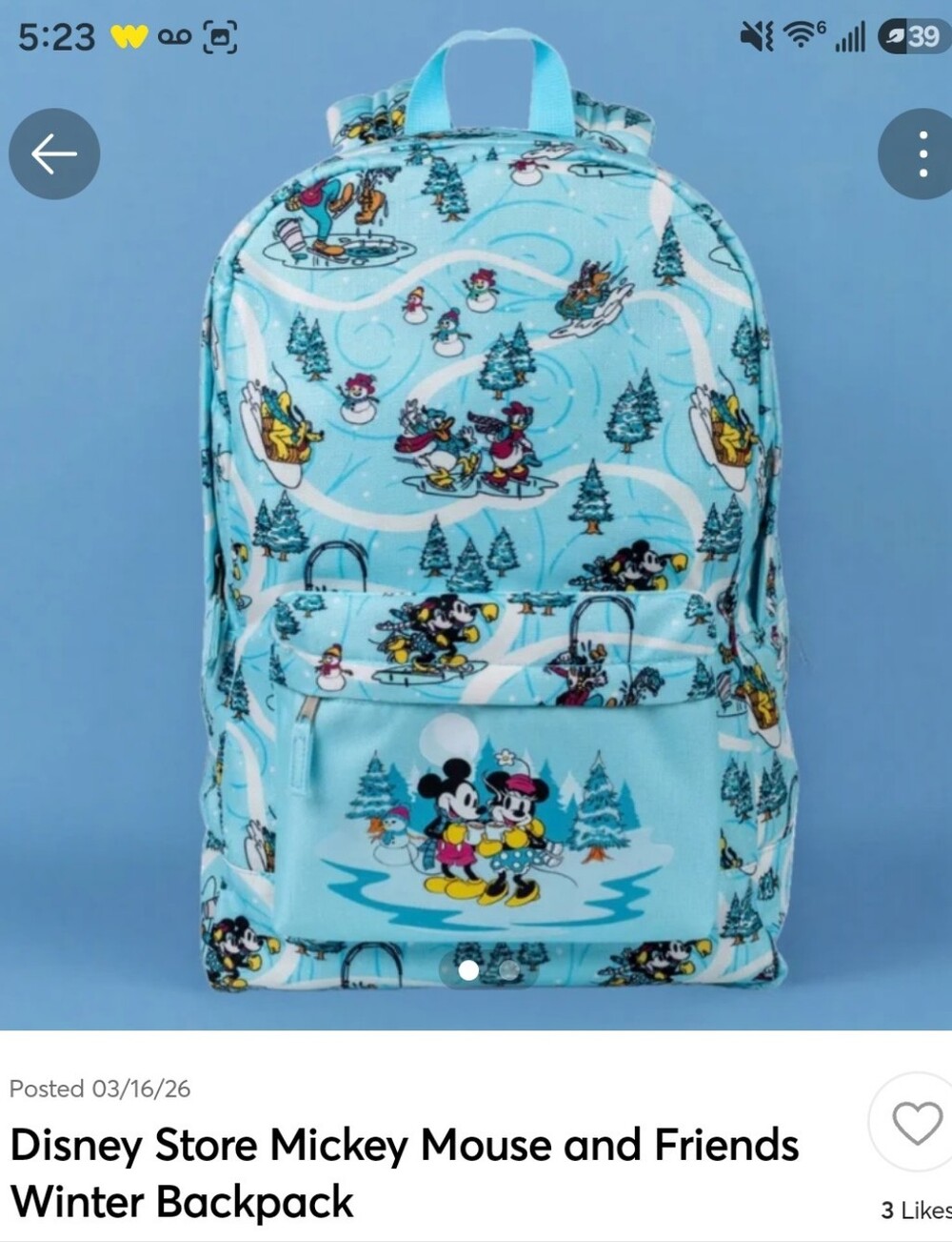 Disney Store Mickey & Friends Light Blue Winter Print Backpack